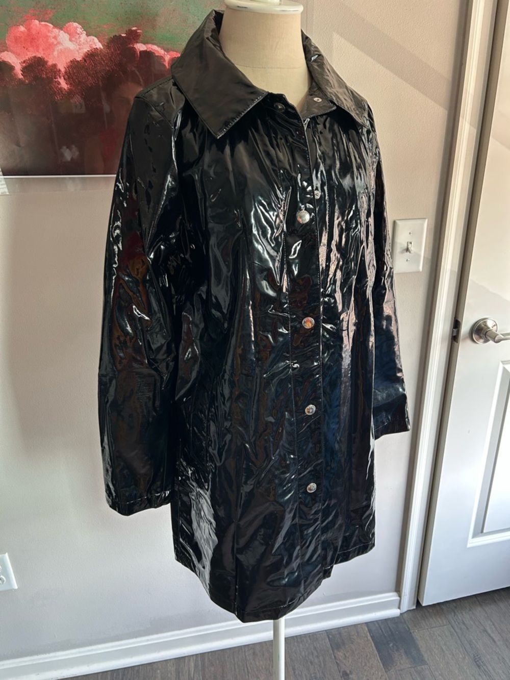 Michael Kors Black Patent Raincoat Glossy Trench Jacket Women’s M - Picture 2 of 6